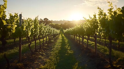 Naklejka premium Sunset over rows of grapevines in a vineyard.