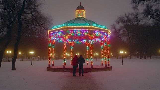 Illuminated gazebo in snowy park at night, couple standing inside. - Powered by Adobe