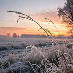Obraz premium arrival of frost at sunrise brings about a serene transformation, showcasing a stark contrast and beauty of cold, hard frost on blades of grass