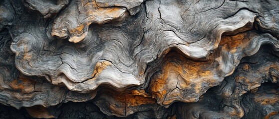 Close-up of aged, textured tree bark with natural patterns and subtle color variations