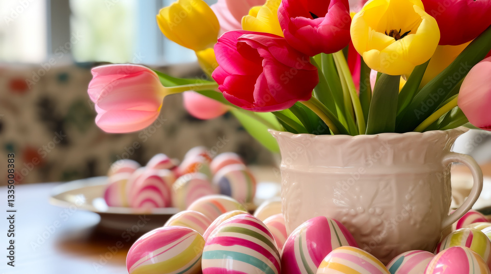 Poster colorful easter eggs surround a vibrant bouquet of tulips on a festive table setting during spring c