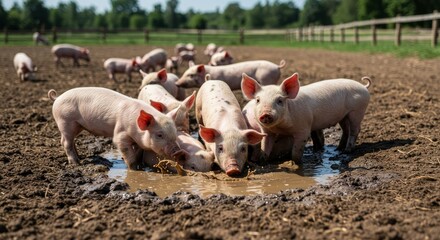 Piglets Playing in Mud Puddle on Farm - A group of piglets enjoys a muddy puddle, symbolizing childhood joy, carefree nature, rural life, agricultural abundance, and animal companionship