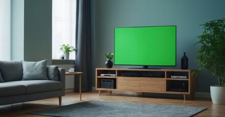 modern living room with screen of tv and modern forniture and light from the windows, stylish internal design for interiors, contemporary touch, flat display for cinema entertaninment