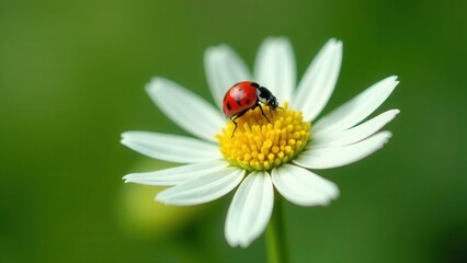 Obraz premium Ladybug sitting on a chamomile flower on a green background. Close-up