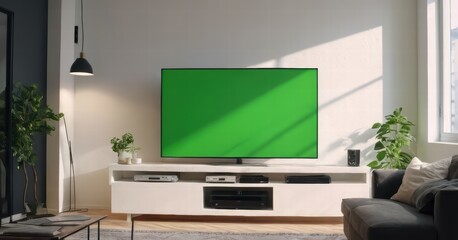 Fototapeta premium modern living room with tv and green screen, luxury forniture and light from the windows, stylish internal design for interiors