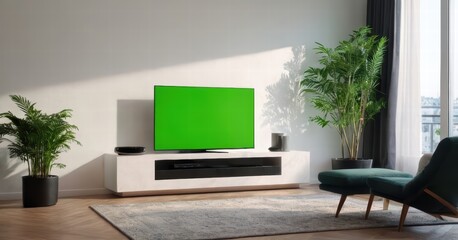 modern living room with tv and green screen, luxury forniture and light from the windows, stylish internal design for interiors