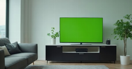 modern living room with screen of tv and modern forniture and light from the windows, stylish internal design for interiors, contemporary touch, flat display for cinema entertaninment