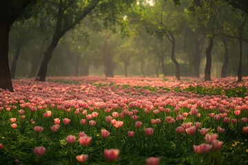 Obraz premium A field of pink tulips under trees in a misty park landscape on a sunny spring day scene outdoors