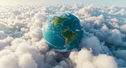 Naklejka premium Precious Planet: A Breathtaking Aerial View - Miniature Earth, nestled in clouds, symbolizes global fragility, environmental preservation, interconnectedness, hope for the future