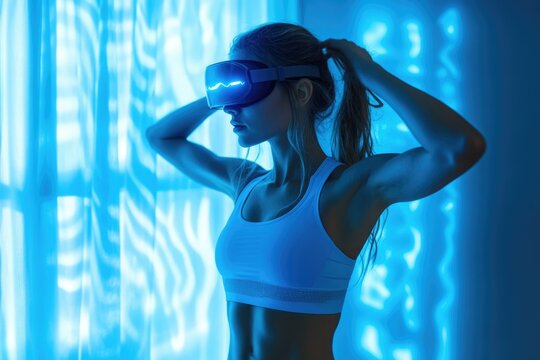 A woman in sportswear uses a VR headset, illuminated by blue light, suggesting fitness or gaming in virtual reality.