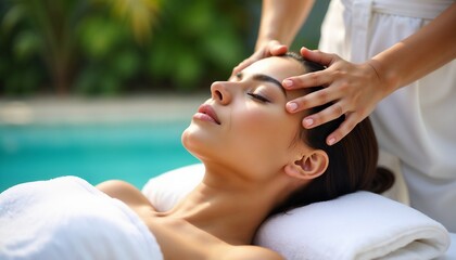A serene image of a woman enjoying a rejuvenating massage by a pool in a tranquil spa environment. This scene represents relaxation, self-care, and the concept of indulgent well-being.	