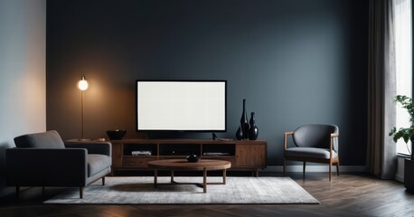 modern living room with screen of tv and modern forniture and light from the windows, stylish internal design for interiors, contemporary touch, flat display for cinema entertaninment