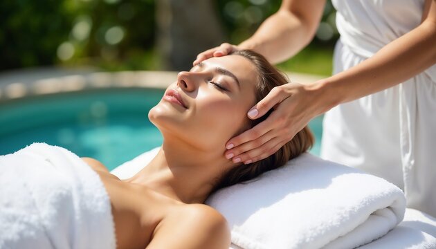 A serene image of a woman enjoying a rejuvenating massage by a pool in a tranquil spa environment. This scene represents relaxation, self-care, and the concept of indulgent well-being.	