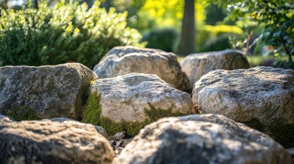 Natural Stones Surrounded by Lush Greenery in a Sunny Garden Setting