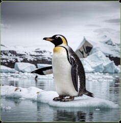 Fototapeta premium Majestic penguin standing on an ice floe in a cold and serene Antarctic landscape