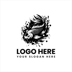 Minimalist grunge koi fish logo, distressed black ink vector illustration with Japanese brush art style