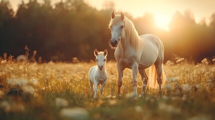 Captivating image of a young foal standing unsteadily on its wobbly legs beside its attentive mother in a picturesque green pasture showcasing the early stages of life for this adorable baby equine