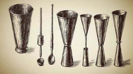 Various tools for mixing and creating cocktails are depicted in a drawing