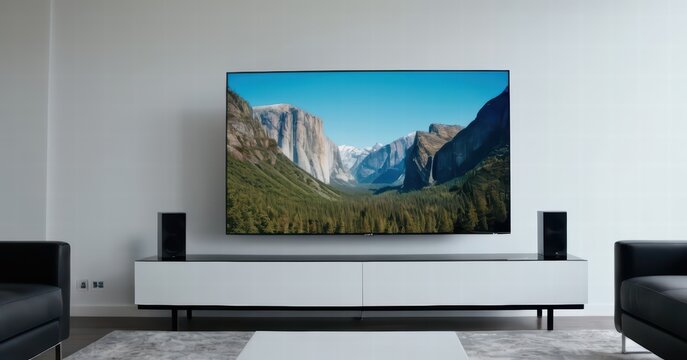 modern living room with screen of tv and modern forniture and light from the windows, stylish internal design for interiors, contemporary touch, flat display for cinema entertaninment