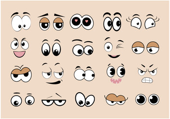 A set of black and white cartoon faces displaying various emotions on a light peach background.