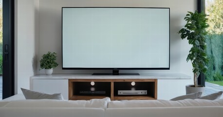 Fototapeta premium modern living room with screen of tv and modern forniture and light from the windows, stylish internal design for interiors, contemporary touch, flat display for cinema entertaninment