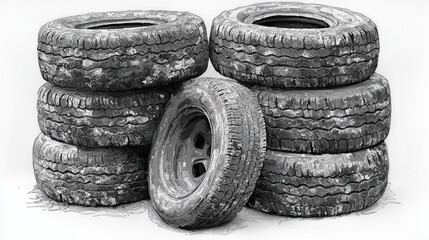 Obraz premium Stack of Worn Tires in Black and White for Automotive and Recycling Themes