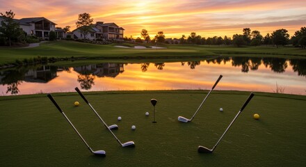 Sunrise Golf Course Scene - Golf clubs arranged on a green overlooking a tranquil lake at sunrise, luxury homes in the background
