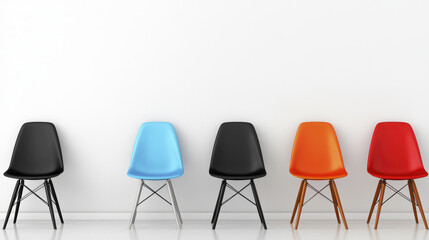 Obraz premium Modern chairs in row against white wall, showcasing vibrant colors