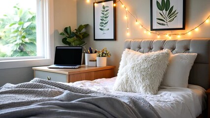 Cozy bedroom with a soft bed, laptop on a nightstand, plants, and warm string lights illuminating the space - Powered by Adobe