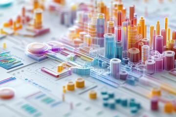 Colorful graphs and charts display intricate analytics trends and insights in a highly detailed and interactive data visualization