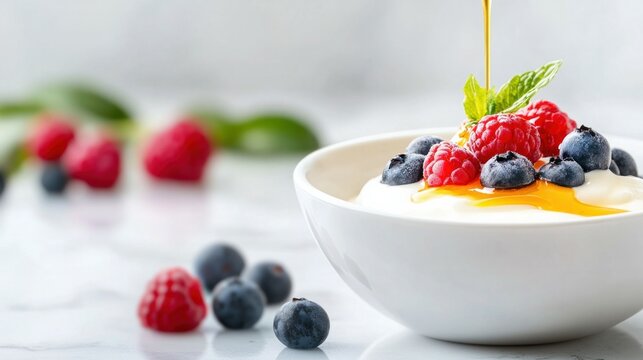 Fresh berries and honey drizzled over yogurt in white bowl on marble surface.