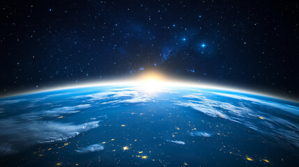 Fototapeta premium Earth seen from space at sunrise over the horizon 