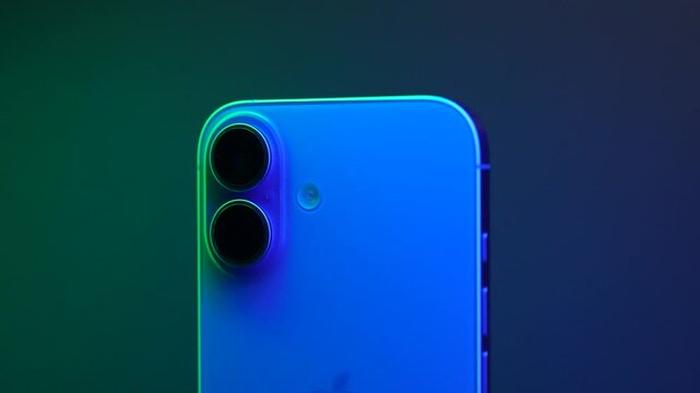 Moscow, Russia - March 15, 2025: Iphone 16 in the multicolored light