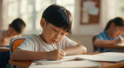 A focused child writes in a classroom setting.