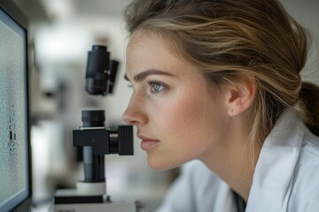 Fototapeta premium A female scientist intently examines a microscopic sample on a computer screen, meticulously analyzing its intricate details.