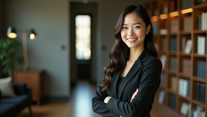 Obraz premium A professional and confident white female lawyer standing in a modern law firm office. She has a warm smile and her arms crossed, exuding authority and success. 