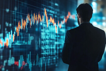 A Pensive Businessman Contemplating Market Trends Displayed On A Massive, Glowing Data Screen Showing Intricate Charts And Graphs In Vibrant Blues And Oranges