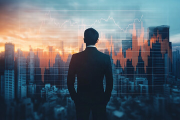 A Businessman Contemplates The Citys Financial Landscape At Sunset, A Powerful Graph Overlay Depicting Market Trends In Warm Tones