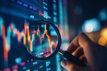 Analyzing Market Trends With A Magnifying Glass Revealing Crucial Financial Data On A Vibrant Digital Screen, Illuminated By A Moody Blue And Orange Glow