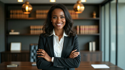 A professional and confident Black female lawyer standing in a modern law firm office in Nigeria. She has a warm smile and her arms crossed, exuding authority and success. Dressed in elegant suit.