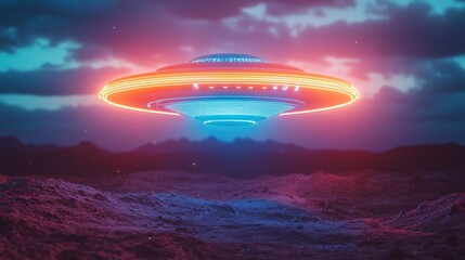 Naklejka premium Glowing Unidentified Flying Object Hovering over a Mountainous Landscape at Night