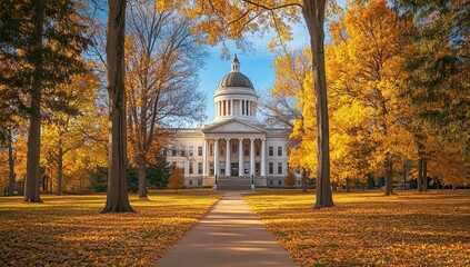 A wide-angle photo of the capital building in Lansing, Michigan,