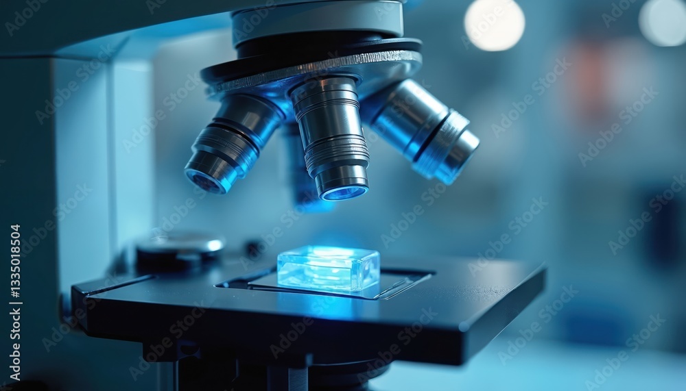 Poster Close-up optical microscope with metal lens in laboratory, high-precision instrument for microscopic research, scientific analysis. Modern science equipment for experiment, innovation, discovery in