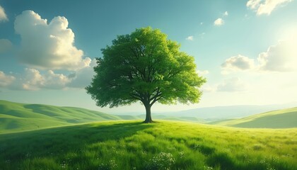 Fototapeta premium Tree on green meadow against blue sky. Summer countryside landscape with grass field, rural nature scenery, sunny day, clear sky with soft clouds. Agricultural idyllic grassland background.