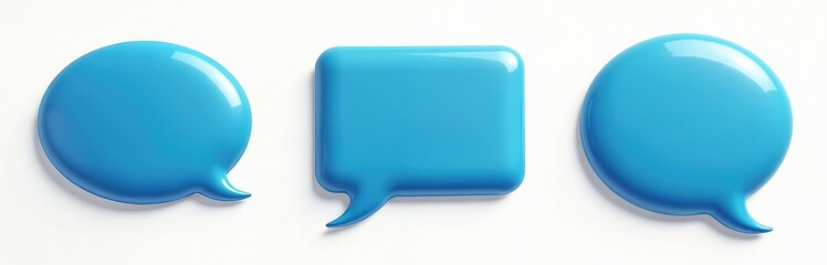 Set of glossy blue speech bubbles isolated on transparent background. 3D rendering illustration of dialog balloons, talk, chat icons. Design elements for website, apps, UI projects, for text box.