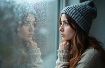 Depressed woman in beanie looking out window with raindrops, contemplates reflection. Girl with sad expression experiences seasonal affective disorder, alone at home, mental health concept.