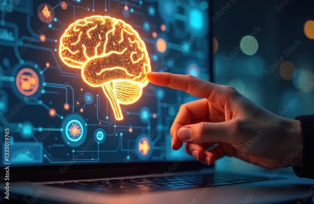 Leinwandbilder Hand points to glowing brain on laptop screen. AI learning system concept for digital transformation, tech ideas or data analysis, IOT. Futuristic processor and machine.