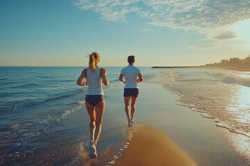 Two people run along the beach. Waves gently touch the sand. Sunny day. Healthy lifestyle. Exercise at the ocean during summer vacation.