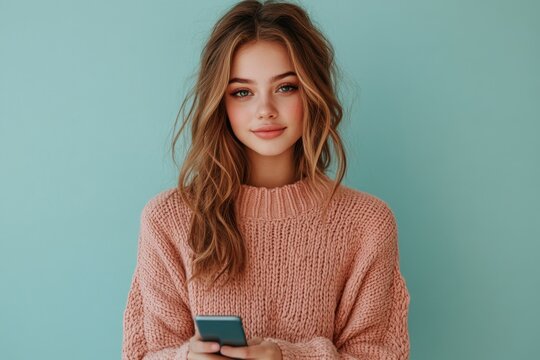 Young adult in pink sweater holds mobile phone. Girl with long brown hair looks forward against solid light blue backdrop. Studio shot.