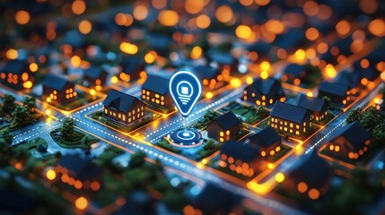 Detailed urban landscape with glowing street lights and digital location pin at night